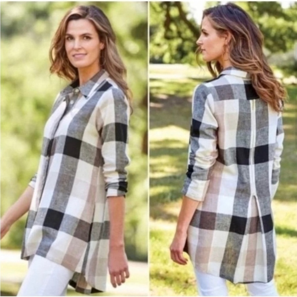Soft Surroundings Carreaux Linen Blend Black Plaid Blouse Top Zipper Back Small